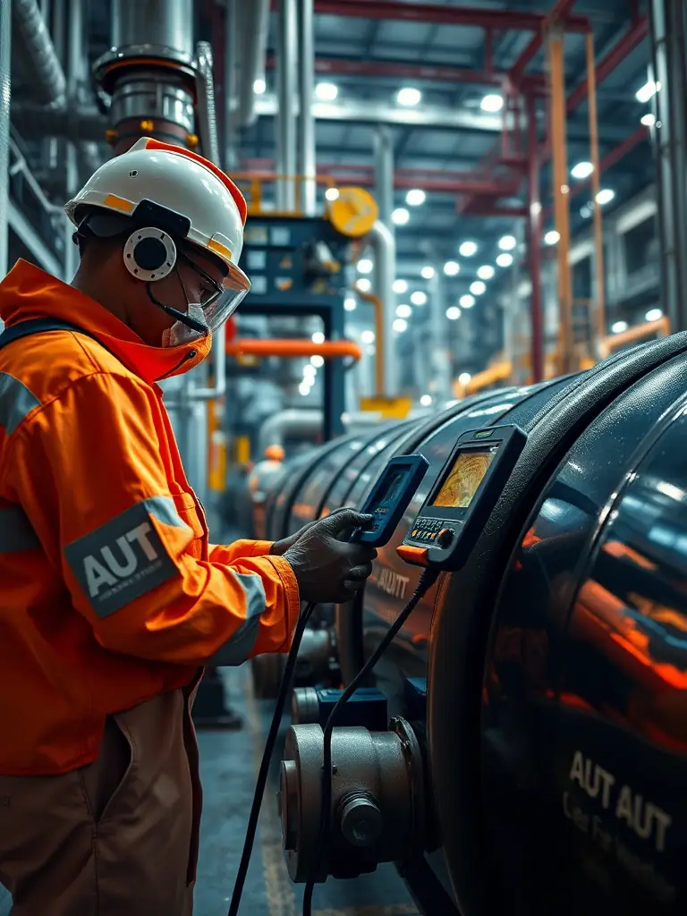 A high-resolution image depicting AUT technicians inspecting a pipeline weld using advanced ultrasonic equipment in a refinery setting, emphasizing precision and technological expertise.