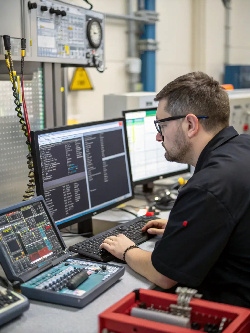 An image showing a technician reviewing AUT data on a computer screen, with detailed waveforms and analysis results displayed, highlighting data interpretation skills.