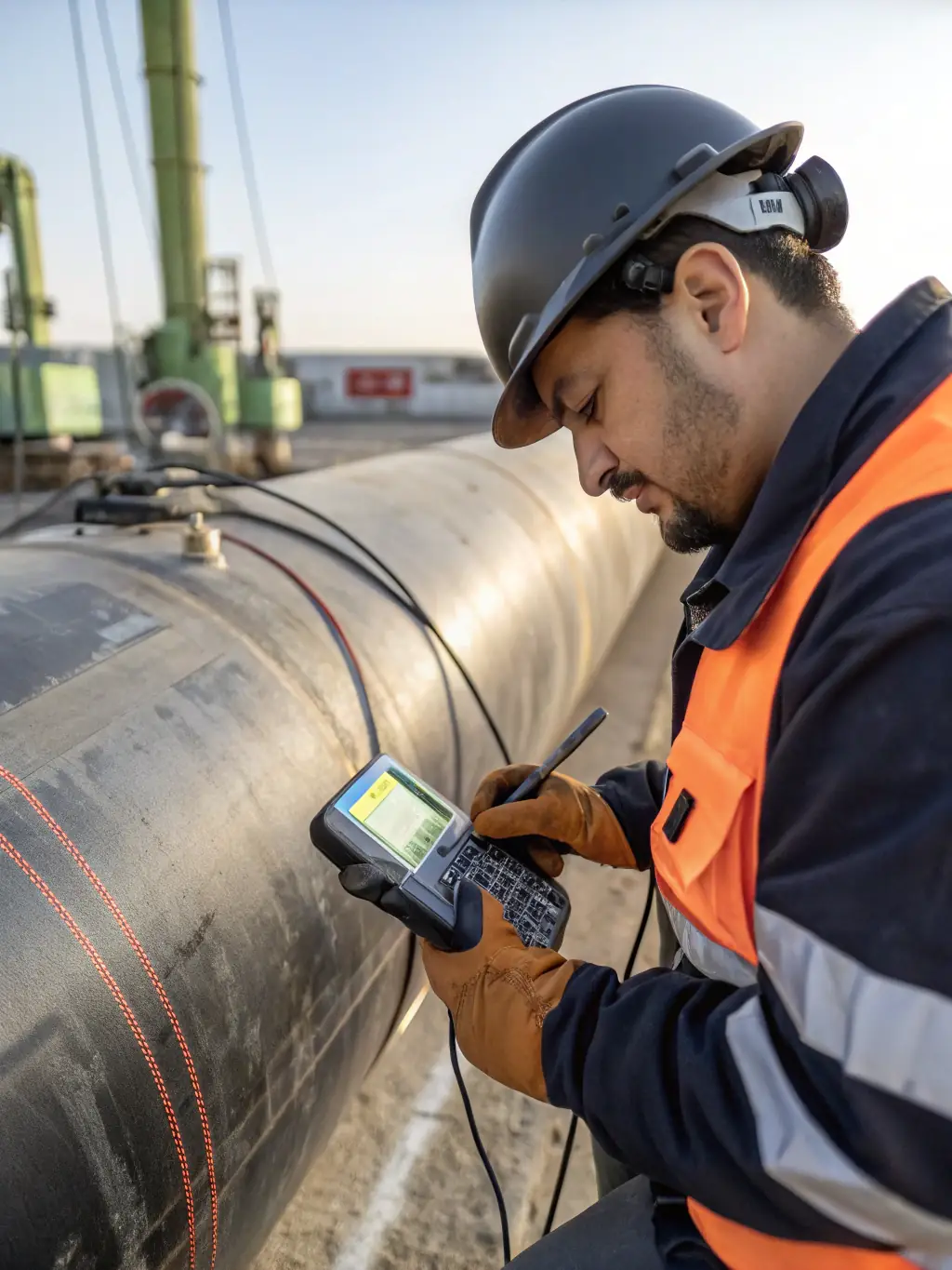 A detailed close-up image of an AUT scanner moving along a pipeline, capturing the ultrasonic waves penetrating the material to detect subsurface flaws.